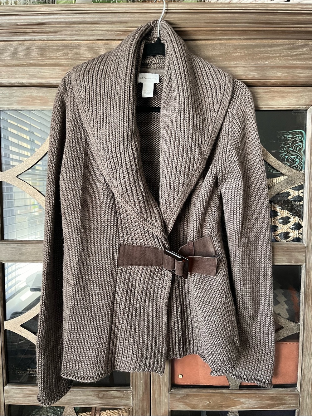 Soft Surroundings Brown Taupe Shawl-Collar Knit Cardigan with Buckle Detail